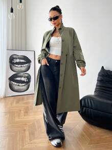 SHEIN EZwear 女士秋冬日常运动休闲工装褶饰军绿色长袖风衣 - 軍綠色 - 查看 7