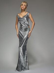 MISSGUIDED Y2K Futuristic Sequin Cowl Neck Bow Detail Backless Flare Hem Maxi Dress For Party - Silver - View 1