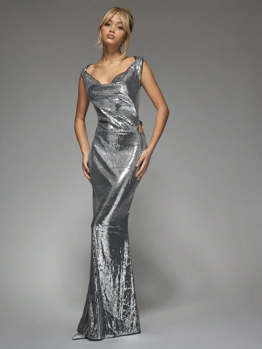MISSGUIDED Y2K Futuristic Sequin Cowl Neck Bow Detail Backless Flare Hem Maxi Dress For Party - Silver - View 1