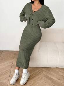 SHEIN EZwear Women's New Autumn Ribbed Knit Drop Shoulder Front Button Jacket And Skinny Mid-Length Dress Set - Army Green - View 5