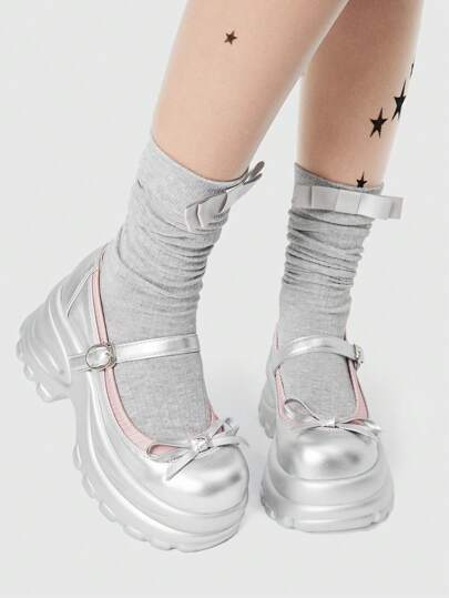 Grunge Punk Women's Cute Bow Round Toe Thick Platform Wedges Shoes, Punk Metallic Style, Casual & School Wear For Christmas And New Year Holiday Vibe Fall And Winter