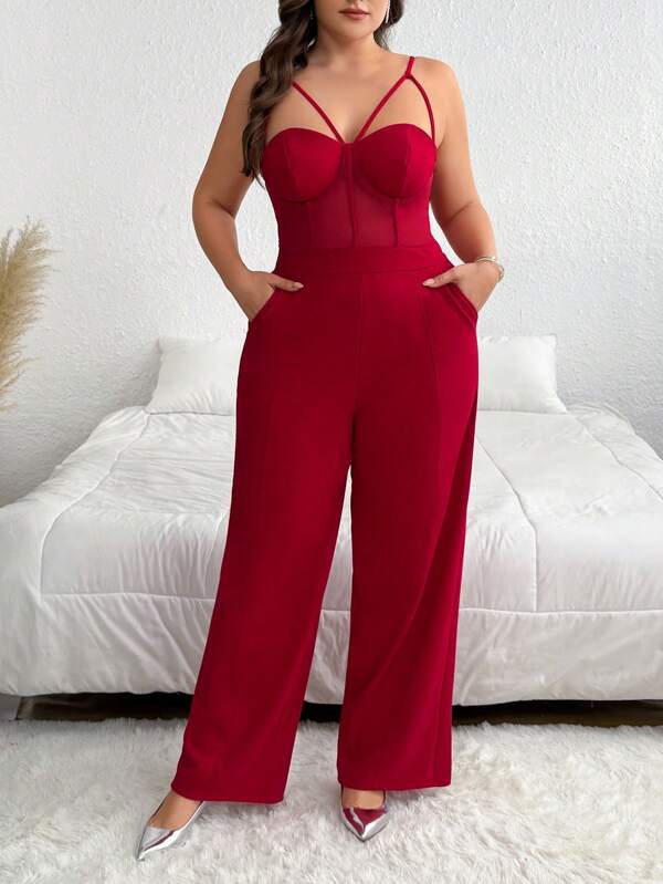 SHEIN Privé Plus Size Solid Color Spaghetti Strap Hollow-Out Minimalist Fitted Jumpsuit