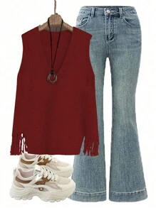 SHEIN LUNE Chaleco de punto de dama con escote en V y bajo con flecos, en colores amarillo/jengibre, de nueva temporada otoño/invierno 2024, casual y de moda para ropa de Año Nuevo