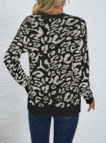 SHEIN LUNE 豹纹圆领休闲百搭长袖套头毛衣针织衫秋冬款 - 黑色 - 查看 2