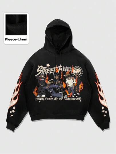 Street Life Men's Casual Slogan & Cartoon Character Printed Long Sleeve Hoodie Sweatshirt, Autumn