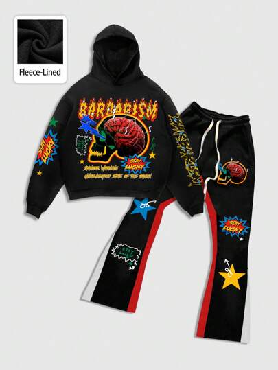 Street Life 2pcs Men Street Graphic Print Hoodie And Sweatpants Tracksuit