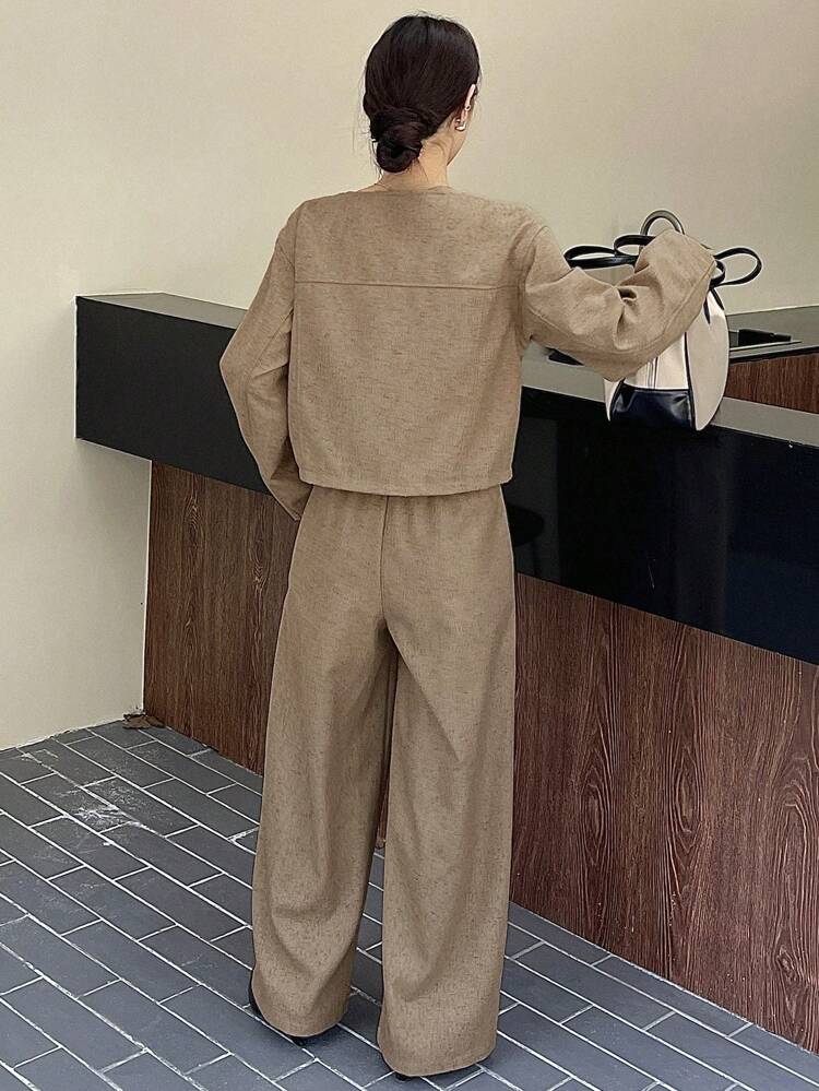 2pcs Solid Color Round Neck Jacket And Wide Leg Pants Suit For Women,Fall Clothes