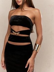 MISSGUIDED Velvet Metal Butterfly Detail Ruched Bust Cut-Out Bandeau Bodycon Maxi Dress