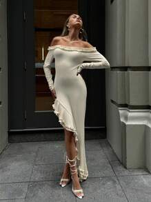 Aloruh 女士优雅新款浪漫秋冬派对不对称荷叶边露肩长袖修身荷叶边连衣裙