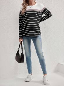 SHEIN Maternity Casual Striped Nursing Top, Loose Round Neck Long Sleeve Tee For Pregnant Women
