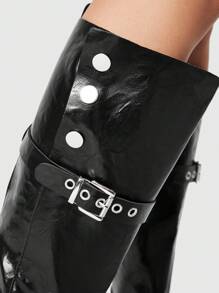 ROMWE Grunge Punk Giày bốt cao đến đầu gối đế xuồng bằng da màu đen có dây khóa, giày bốt cưỡi ngựa cao đến đầu gối theo phong cách Gothic dành cho phụ nữ vào dịp Giáng sinh và năm mới, mùa thu và đông - màu đen - Xem 5