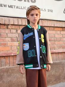 SHEIN 男童（加大码）棒球夹克，美式大学风格休闲日常百搭字母印花连帽外套，适合上学和户外穿着 - 彩色 - 查看 3