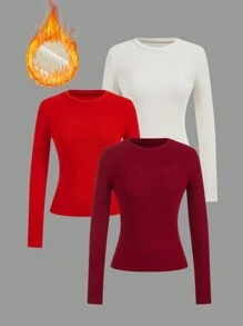 SHEIN EZwear 女式休闲纯色长袖贴身打底 T 恤，秋冬款 - 彩色 - 查看 1