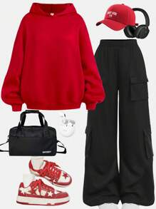 Girlism 2 件套青少年女孩超大红色连帽运动衫和黑色多口袋实用工装裤，休闲街头风格，适合圣诞节、新年的节日装 - 紅色 - 查看 1