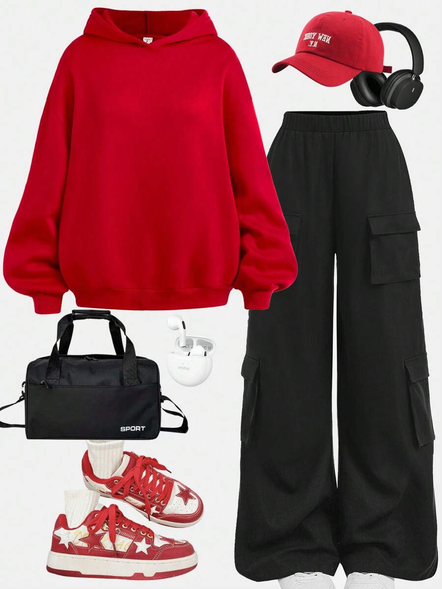 Girlism 2 件套青少年女孩超大红色连帽运动衫和黑色多口袋实用工装裤，休闲街头风格，适合圣诞节、新年的节日装 - 紅色 - 查看 1