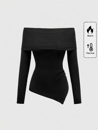 Goth Elegant Romantic Asymmetrical Hem Off Shoulder Slim Fit Sweater For Women