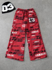 PAVTROS 男士休闲街头风格骷髅与字母印花抽绳腰部宽松阔腿运动裤，街头风长款宽松运动裤，适合丈夫、男朋友的礼物 - 彩色 - 查看 1