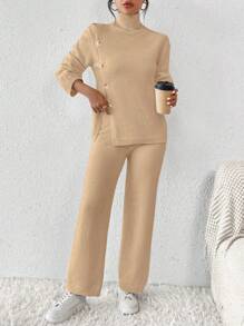 Chiquease 2pcs Solid Color Turtleneck Slit Cuff Long Sleeve Top And Pants Elegant Knitted Suit Set