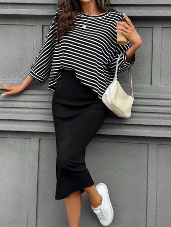 SHEIN LUNE 2pcs Women Casual Striped Clothing Set: Long Sleeve Top And Skirt, For Everyday Wear, Autumn/Winter