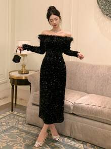 DAZY Nuevo vestido largo con hombros descubiertos para mujer para otoño, vestido de fiesta de Año Nuevo, vestido de graduación para mujer, vestido de lujo con lentejuelas y hombros descubiertos, elegante vestido de mujer para carnaval, vestido largo brillante - Negro - Ver 10