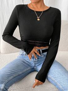 SHEIN Frenchy 女士纯色圆领长袖T恤，蕾丝下摆，黑色上衣，修身廓形，秋季，复古，优雅女士，节日服装，商务休闲女士，女士上衣，优雅女士秋季女装，派对服装，圣诞节服装，约会服装，派对服装，秋冬，保暖衬衫，圣诞节，感恩节女士，新年，除夕，