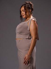 MUSERA Plus Size Slinky Tie Strap Ruched Cami Top Only For Going Out, Party, Club, Rave, Ibiza, Concert, Festival, Sexy, Date Night Spring  Elegant Summer - Camel - View 4