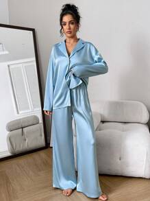 Chiquease Bộ đồ vest rộng rãi bằng vải satin dành cho nữ 2 món - Áo cổ bẻ và quần ống rộng - Màu xanh nhạt - Xem 5