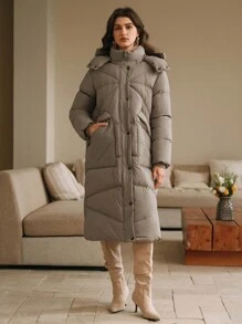 Anewsta 厚款长款连帽横缝女式大衣 - 灰色 - 查看 3