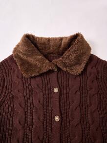 SHEIN Teen Girls Fashion Patched Fluffy Cable Knit Cropped Cardigan & Flared Pants 2 Pieces Set, Autumn/Winter - Brown - View 6