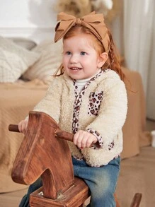 SHEIN Baby/Toddler Girls Beige Leopard Print Drawstring Zipper Hoodie Jacket - Apricot - View 5