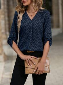 SHEIN Clasi V 领卷袖印花休闲衬衫，秋季 - 藏蓝色 - 查看 5