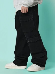 SUMWON Tween Boys Washed Looses Fit Cargo Jean - Black - View 3