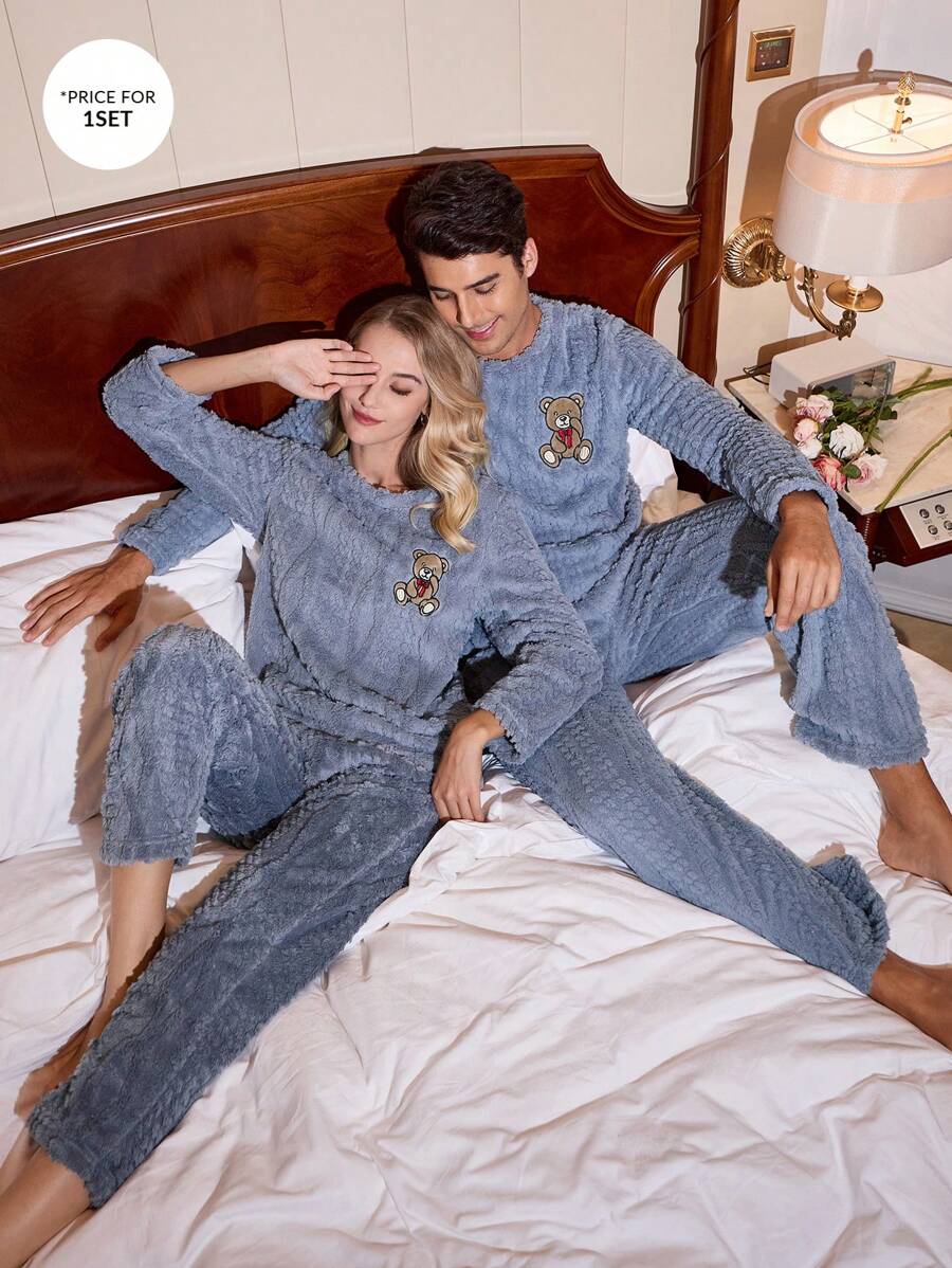 CoupledUp Cute Bear Embroidered Plush Long Sleeve & Pants Men Sleepwear Set - Baby Blue - View 1