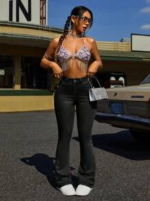 SHEIN PETITE Women Front Button Pocket Simple Denim Jeans, Casual Daily Wear - Black - View 5