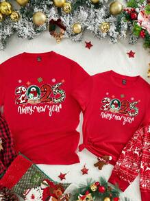 Manfinity Homme Áo thun nam tay ngắn in họa tiết hoạt hình người tuyết mừng năm mới 2025, Giáng sinh - Đỏ - Xem 1