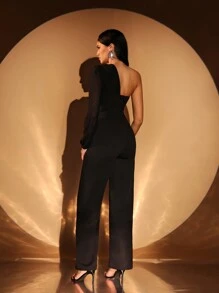 SHEIN SXY 秋季女装；办公室装女士节日服装派对夜店金色腰带扣黑色单袖露肩女式连体裤