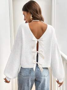 SHEIN Frenchy Plain V-Neck Bow Decor Casual Long Sleeve Pullover Sweater - White - View 6
