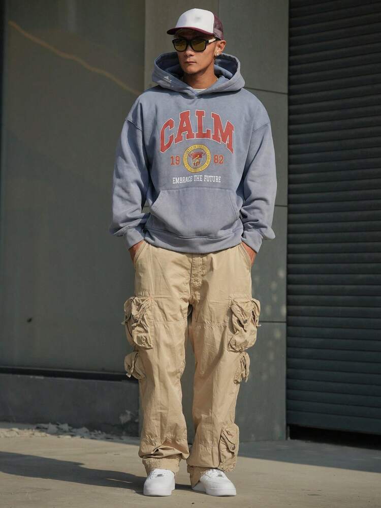 Men's Letter Print Long Sleeve Hoodie Sweatshirt With Pockets, Autumn
