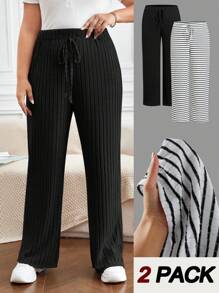 SHEIN Frenchy 2pcs Plus Size Casual Straight Leg Solid Color & Striped Pants Set