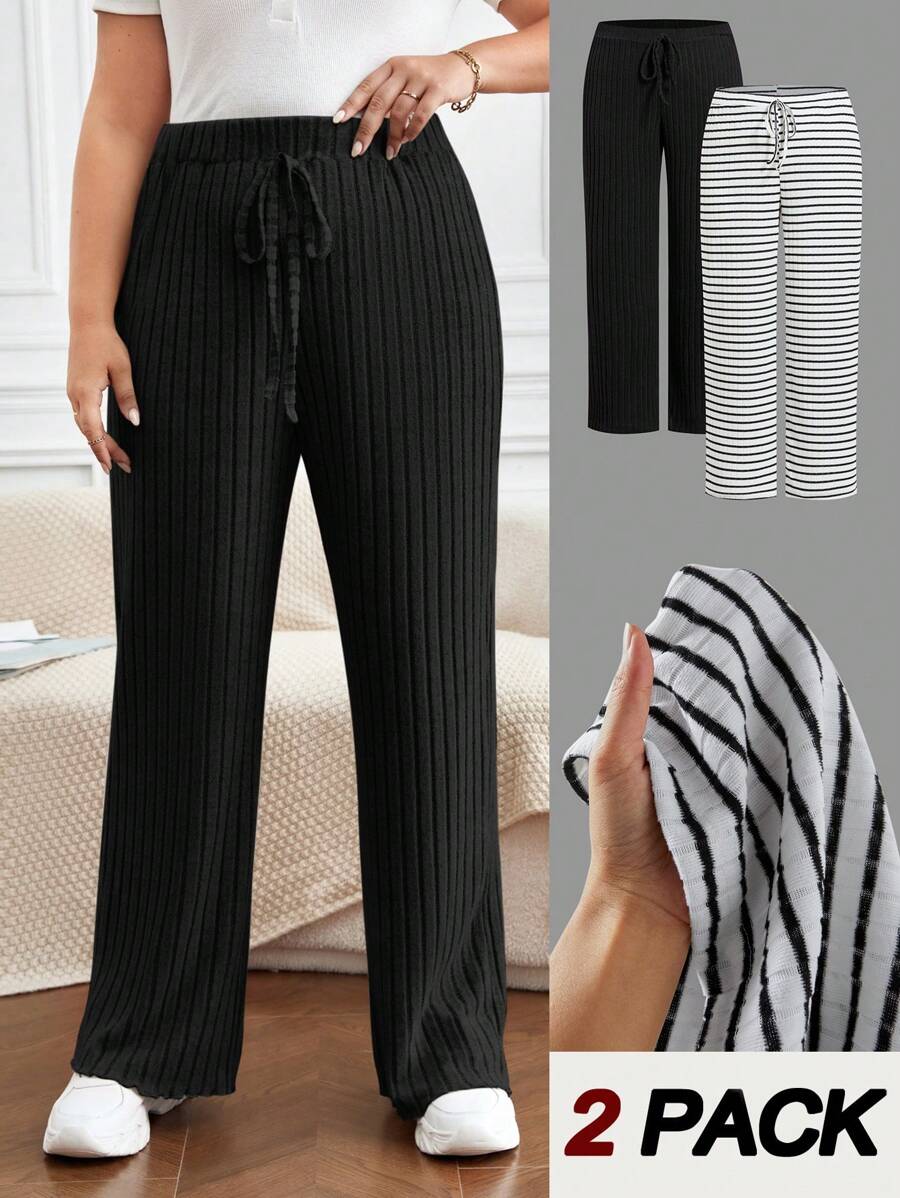SHEIN Frenchy 2pcs Plus Size Casual Straight Leg Solid Color & Striped Pants Set