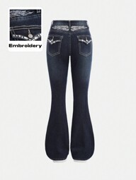 SHEIN Girlism Teen Girls Y2K Punk Retro Vintage broderade vingar och strass dekorerade stretchiga utsvängda jeans