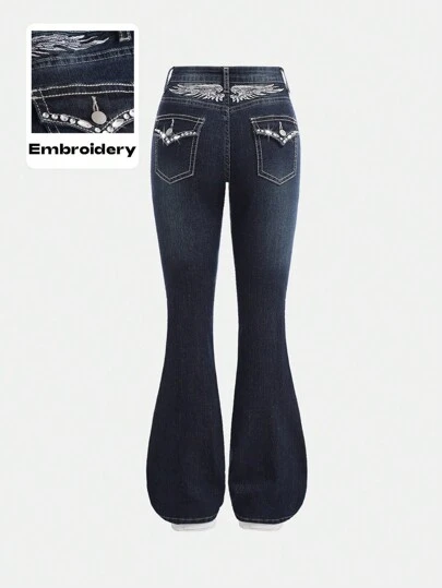 SHEIN Girlism Teen Girls Y2K Punk Retro Vintage broderade vingar och strass dekorerade stretchiga utsvängda jeans