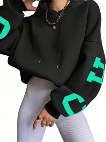 INAWLY 女士休闲字母印花连帽宽松卫衣，秋季毕业季，女教师款，返校季套头衫 - 黑色 - 查看 2