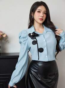 Modelyn Women Front Button Long Sleeve Casual Top With Floral Decoration, Simple And Chic, Everyday Wear Women Shirt Fall Cloth For Women - Dusty Blue - View 7