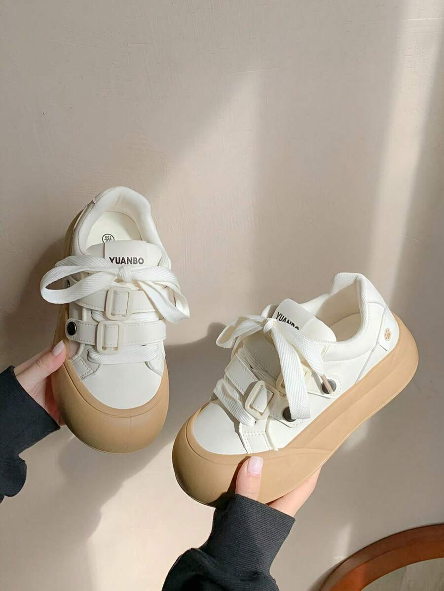 Beige Elastic Contrast Stitching Leather Casual Comfortable Sneakers For Girl & Teenagers - Beige - View 1