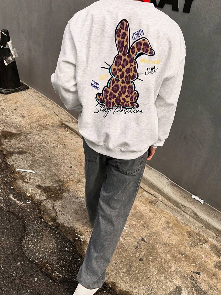 Men's Leopard & Rabbit Print Pullover Sweatshirt, Casual And Fashionable For Daily Wear Fall,Winter