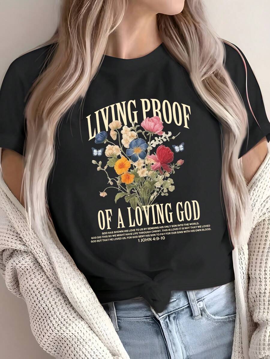 SHEIN LUNE 1 件女式花卉印花修身休闲圆领短袖 T 恤，夏季图案 T 恤女式上衣 - 黑色 - 查看 1