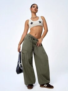 SHEIN ICON Jeanoix 女士时尚休闲绿色抽绳腰部多口袋宽松牛仔裤 - 綠色 - 查看 5