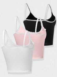 SHEIN 3 pièces Débardeur mode simple avec volants et rayures verticales de couleur unie, confortable et respirant, pour adolescentes - Multicolore - Voir 2
