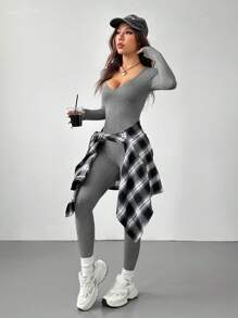 SHEIN PETITE Bộ đồ liền thân Sweetheart Neck Unitard màu đen - Màu Xám nhạt - Xem 4